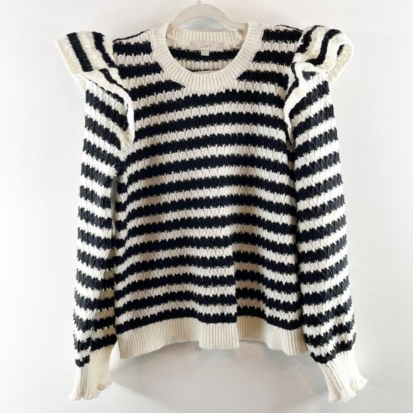 LOFT Striped Long Sleeve Pointelle Knit Ruffle Shoulder Sweater White Black XL - Picture 3 of 5